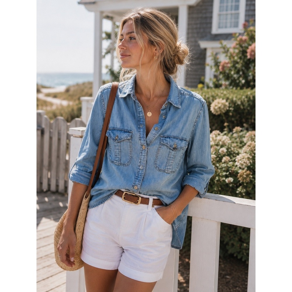 American Eagle‎ Boyfriend Fit  Denim Shirt Light Wash Blue Coastal Western Small